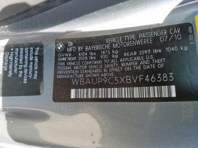 WBAUP9C5XBVF46383 - 2011 BMW 128 I GRAY photo 10