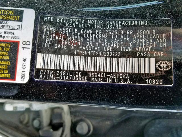 4T1BK1EB2GU230222 - 2016 TOYOTA AVALON XLE BLACK photo 10