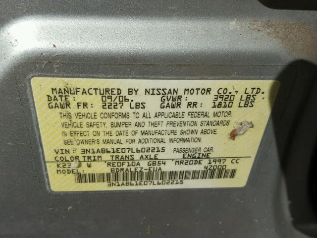 3N1AB61E07L602215 - 2007 NISSAN SENTRA 2.0 SILVER photo 10