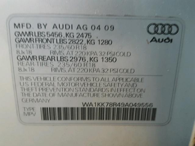 WA1KK78R49A049556 - 2009 AUDI Q5 3.2 SILVER photo 10