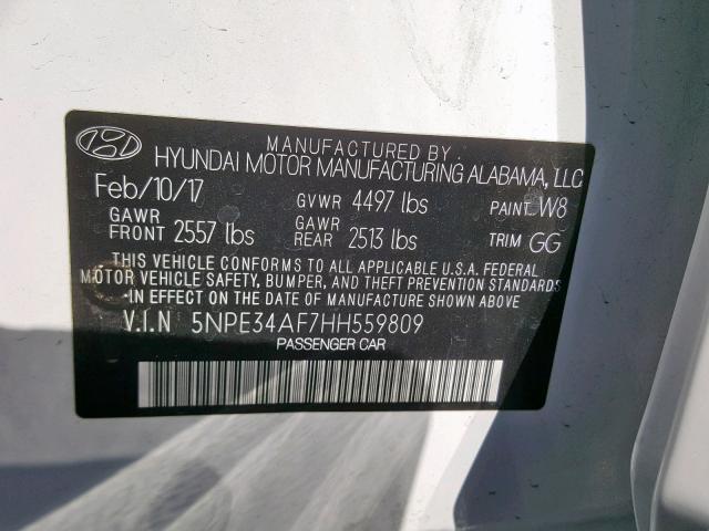 5NPE34AF7HH559809 - 2017 HYUNDAI SONATA SPO WHITE photo 10