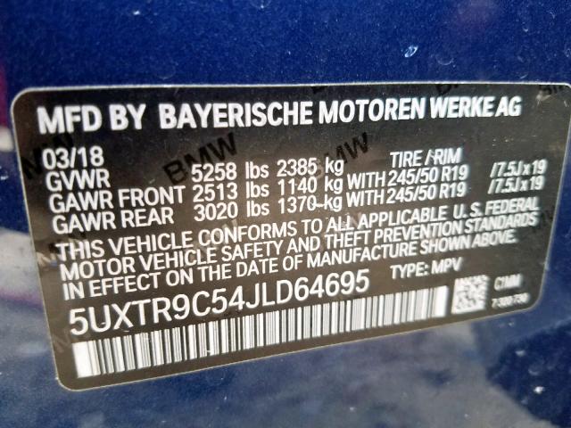 5UXTR9C54JLD64695 - 2018 BMW X3 XDRIVE3 BLUE photo 10