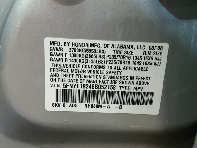 5FNYF18248B052158 - 2008 HONDA PILOT VP SILVER photo 10