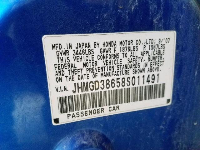 JHMGD38658S011491 - 2008 HONDA FIT SPORT BLUE photo 10