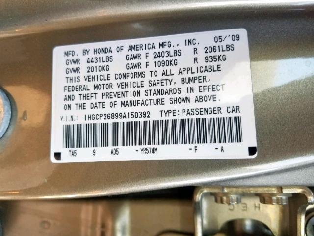 1HGCP26899A150392 - 2009 HONDA ACCORD EXL GOLD photo 10