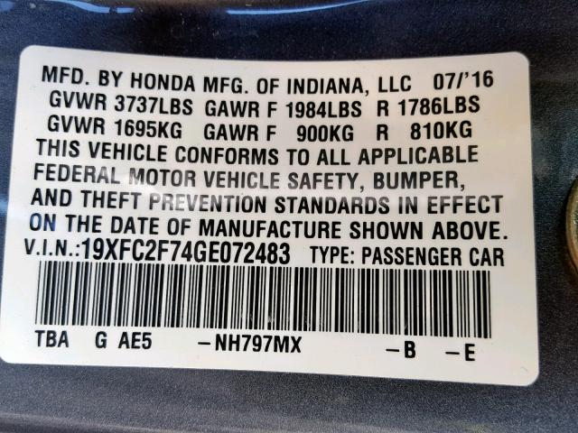 19XFC2F74GE072483 - 2016 HONDA CIVIC EX GRAY photo 10