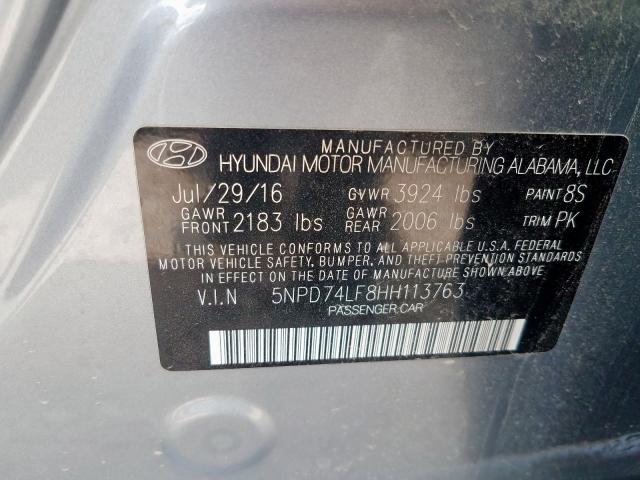 5NPD74LF8HH113763 - 2017 HYUNDAI ELANTRA SE SILVER photo 10