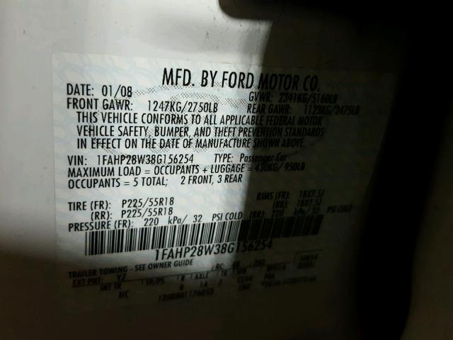 1FAHP28W38G156254 - 2008 FORD TAURUS LIM WHITE photo 10