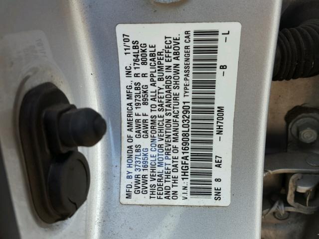 1HGFA16908L032901 - 2008 HONDA CIVIC EXL SILVER photo 10