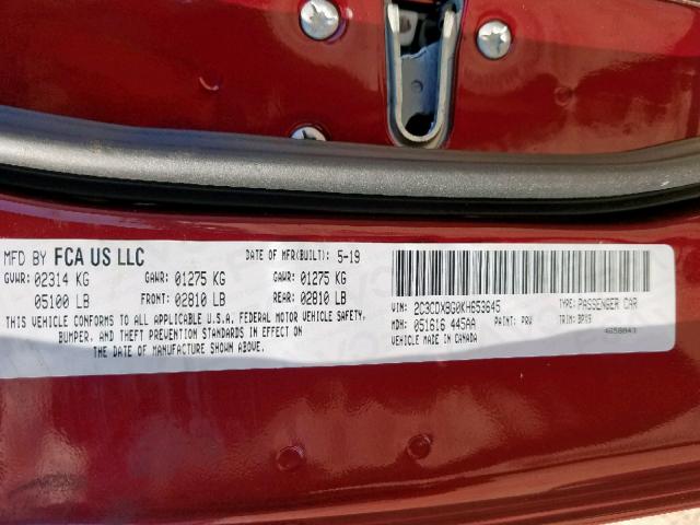 2C3CDXBG0KH653645 - 2019 DODGE CHARGER SX BURGUNDY photo 10