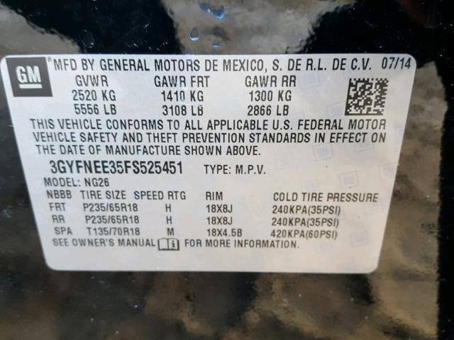 3GYFNEE35FS525451 - 2015 CADILLAC SRX LUXURY BLACK photo 10