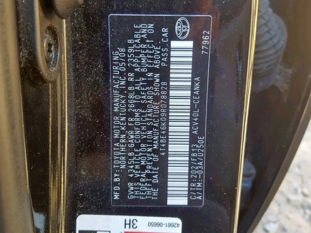 4T4BE46K09R078828 - 2009 TOYOTA CAMRY BASE BLACK photo 10