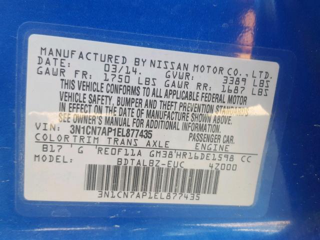 3N1CN7AP1EL877435 - 2014 NISSAN VERSA S BLUE photo 10