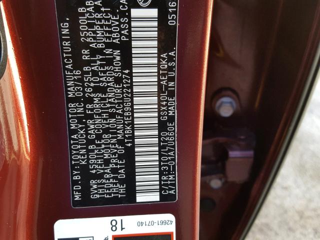 4T1BK1EB9GU221274 - 2016 TOYOTA AVALON XLE MAROON photo 10