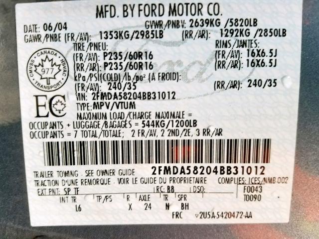 2FMDA58204BB31012 - 2004 FORD FREESTAR L BLUE photo 10