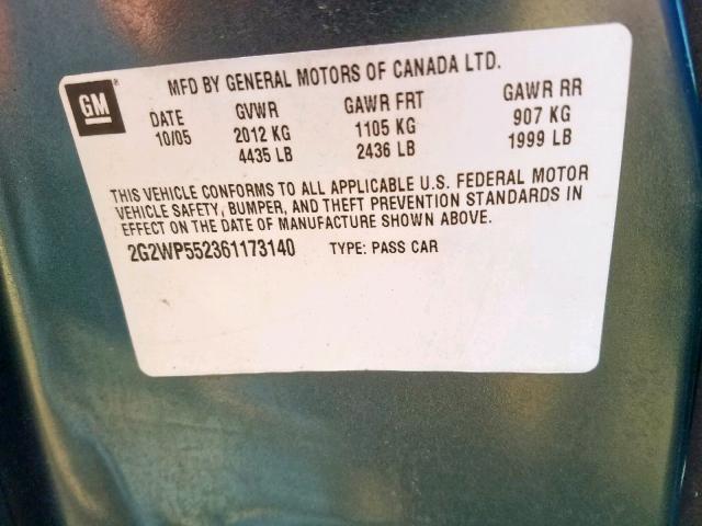 2G2WP552361173140 - 2006 PONTIAC GRAND PRIX TEAL photo 10