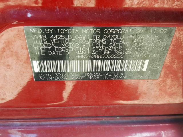 JTHBK262885060256 - 2008 LEXUS IS 250 RED photo 10