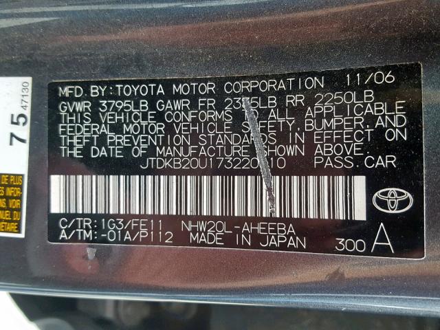 JTDKB20U173220810 - 2007 TOYOTA PRIUS GRAY photo 10