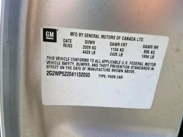 2G2WP522041132093 - 2004 PONTIAC GRAND PRIX SILVER photo 10