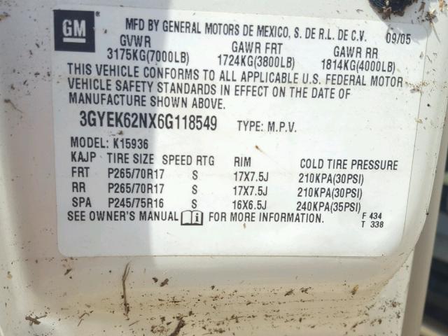 3GYEK62NX6G118549 - 2006 CADILLAC ESCALADE E WHITE photo 10