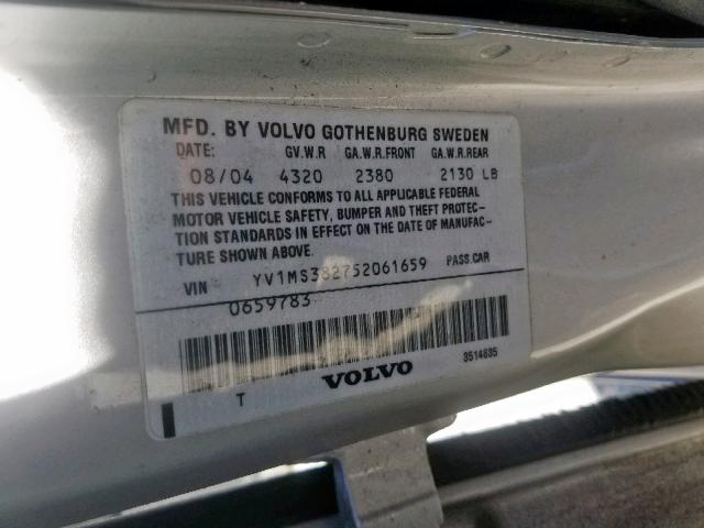 YV1MS382752061659 - 2005 VOLVO S40 2.4I SILVER photo 10