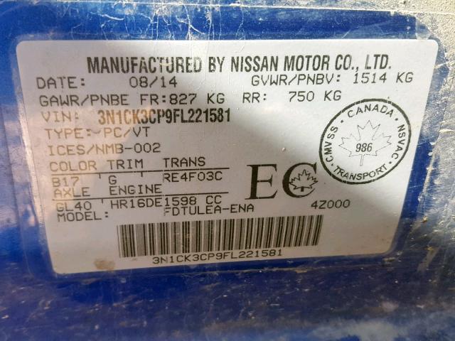 3N1CK3CP9FL221581 - 2015 NISSAN MICRA BLUE photo 10