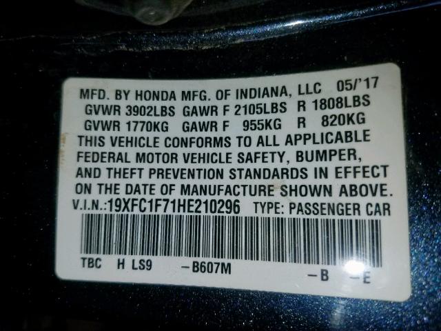 19XFC1F71HE210296 - 2017 HONDA CIVIC EXL Grafit foto 10