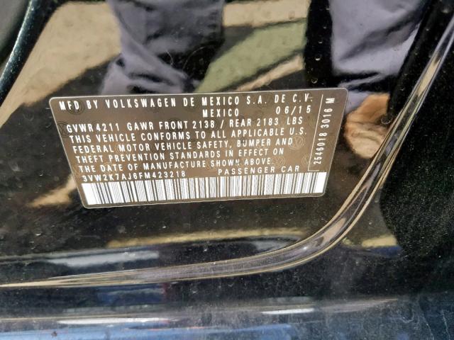 3VW2K7AJ6FM423218 - 2015 VOLKSWAGEN JETTA BASE 黑色 照片 10