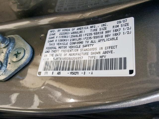 5J8TB18508A004957 - 2008 ACURA RDX TECHNO GRAY photo 10