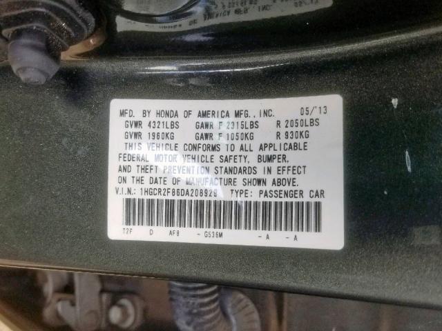 1HGCR2F86DA208929 - 2013 HONDA ACCORD EXL GRAY photo 10