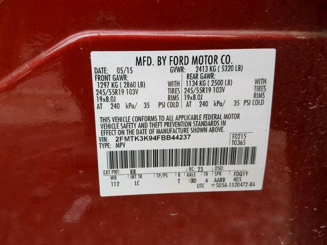 2FMTK3K94FBB44237 - 2015 FORD EDGE TITAN RED photo 10