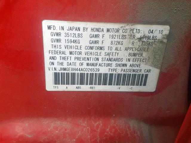 JHMGE8H44AC026539 - 2010 HONDA FIT SPORT RED photo 10