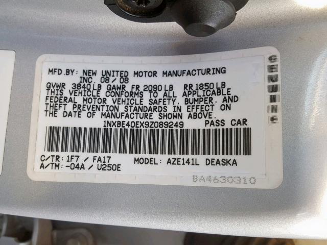 1NXBE40EX9Z089249 - 2009 TOYOTA COROLLA XR 银色 照片 10