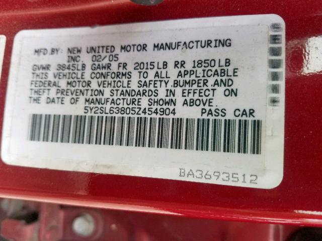 5Y2SL63805Z454904 - 2005 PONTIAC VIBE MAROON photo 10