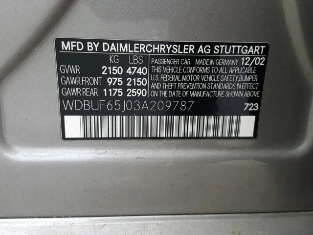 WDBUF65J03A209787 - 2003 MERCEDES-BENZ E 320 GRAY photo 10