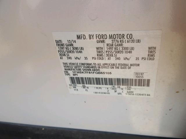 1FM5K7F81FGB65105 - 2015 FORD EXPLORER L WHITE photo 10