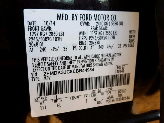 2FMDK3JC8EBB44984 - 2014 FORD EDGE SEL BLACK photo 10