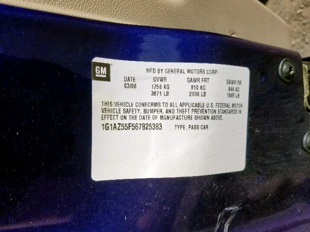 1G1AZ55F567825383 - 2006 CHEVROLET COBALT LTZ BLUE photo 10