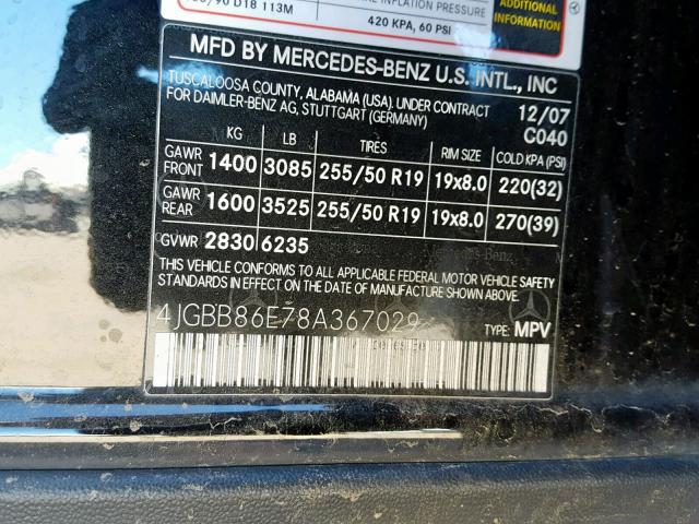 4JGBB86E78A367029 - 2008 MERCEDES-BENZ ML 350 BLACK photo 10