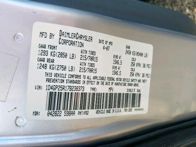 1D4GP25R17B238373 - 2007 DODGE CARAVAN SE GRAY photo 10