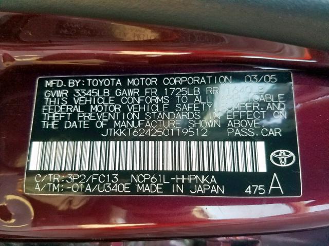 JTKKT624250119512 - 2005 TOYOTA SCION XA PURPLE photo 10