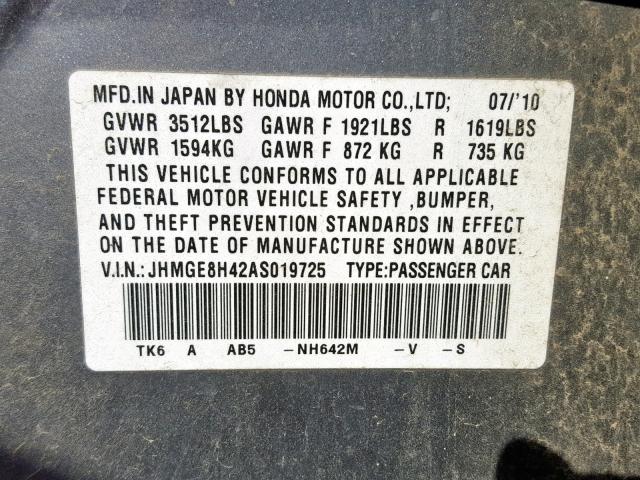 JHMGE8H42AS019725 - 2010 HONDA FIT SPORT SILVER photo 9