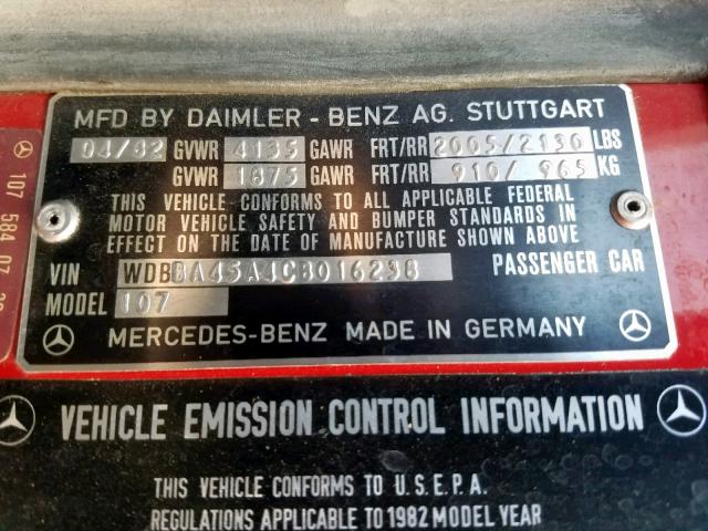 WDBBA45A4CB016238 - 1982 MERCEDES-BENZ 380 SL RED photo 10