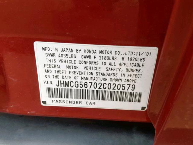 JHMCG56702C020579 - 2002 HONDA ACCORD SE RED photo 10