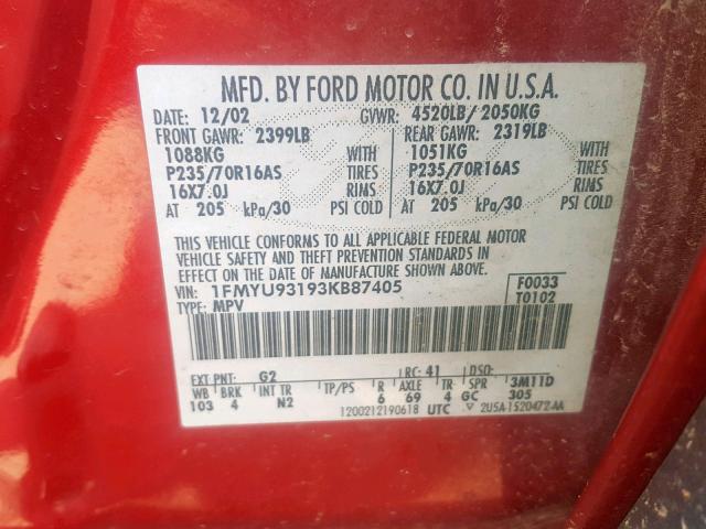 1FMYU93193KB87405 - 2003 FORD ESCAPE XLT RED photo 10