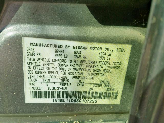 1N4BL11D65C107296 - 2005 NISSAN ALTIMA SE SILVER photo 10