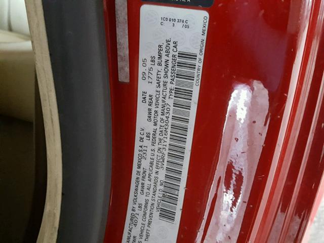 3VWRF31Y16M304307 - 2006 VOLKSWAGEN NEW BEETLE 红色 照片 10