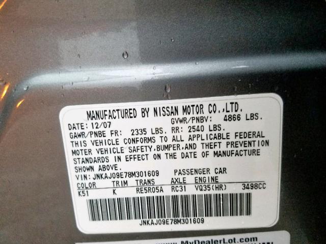 JNKAJ09E78M301609 - 2008 INFINITI EX35 BASE GRAY photo 10