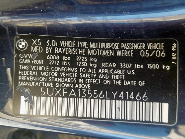 5UXFA13556LY41466 - 2006 BMW X5 3.0I BLUE photo 10