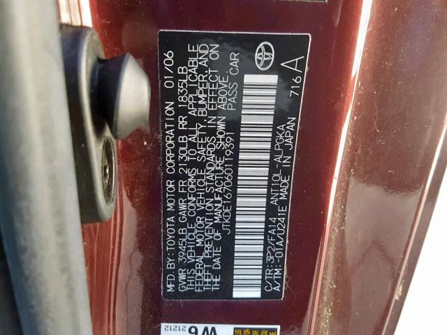 JTKDE167060119391 - 2006 TOYOTA SCION TC ბურგუნდია ფოტო 10